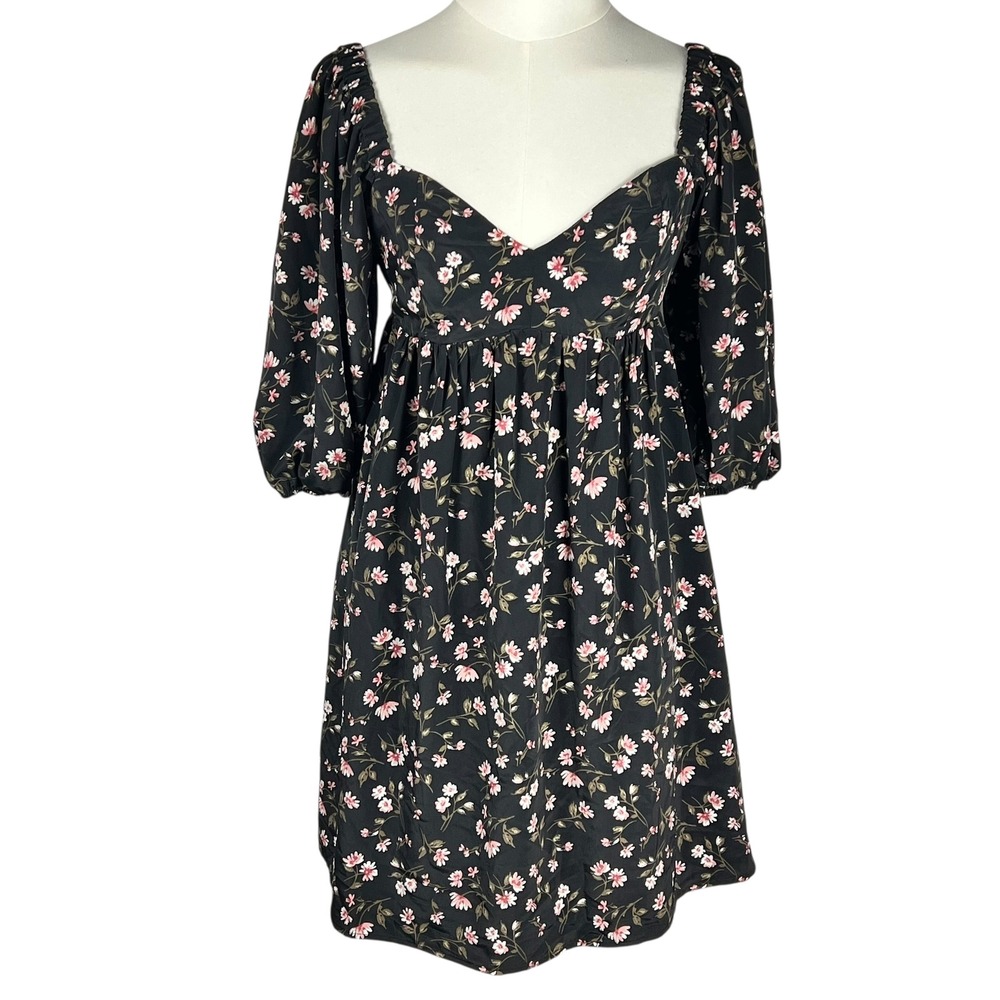 WAYF Women's Black Floral Sweetheart Neck Babydoll‎ Mini Dress Small 1/2 Sleeve